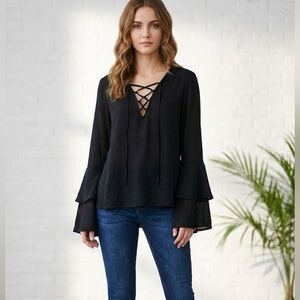 NWT! Heart & Hips Black Lace Chest Tiered Bell Sleeve Top, Sz Large